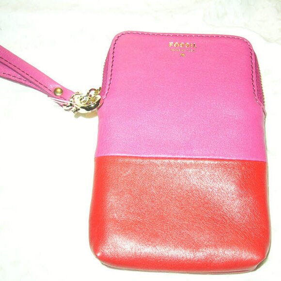 FOSSIL ~ fuchsia pink & red leather wristlet ~ new - Picture 1 of 4
